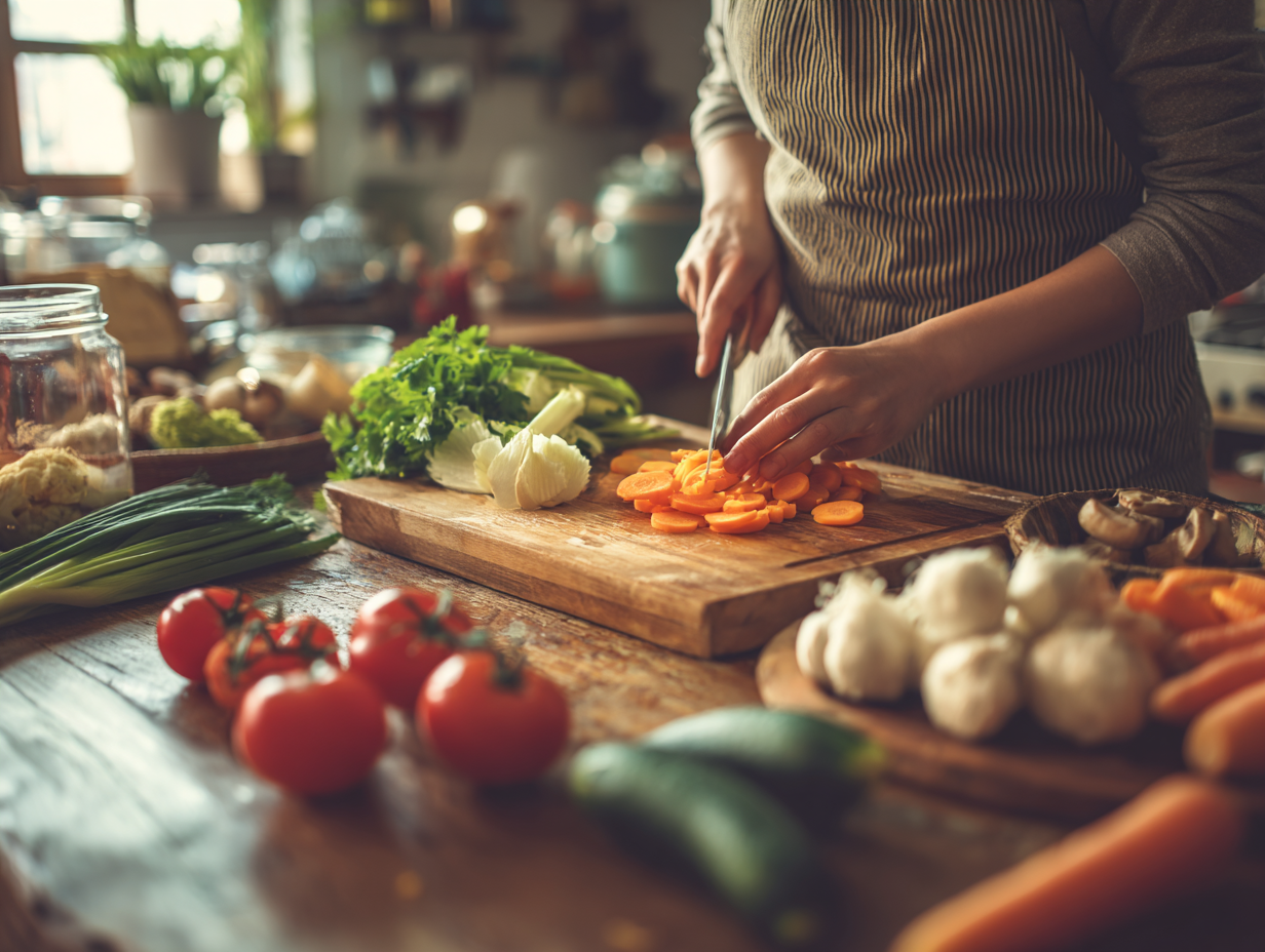 Šéfkuchař připravuje čerstvé ingredience v moderní kuchyni